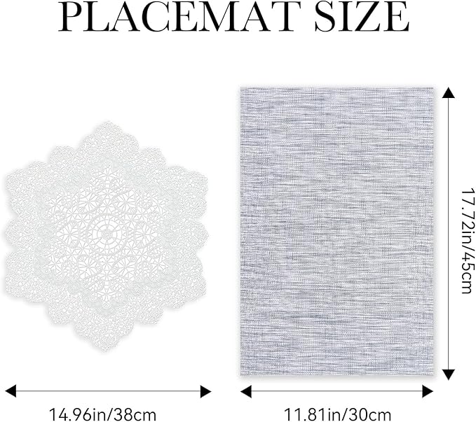 BACKTOEDEN Placemats Set of 4 Heat Resistant Washable Wipeable Placemat Woven Non-Slip Foldable Vinyl/Plastic Place Mats Indoor/Outdoor Mat Kitchen Dining Table Pad, White Snowflake & Gray