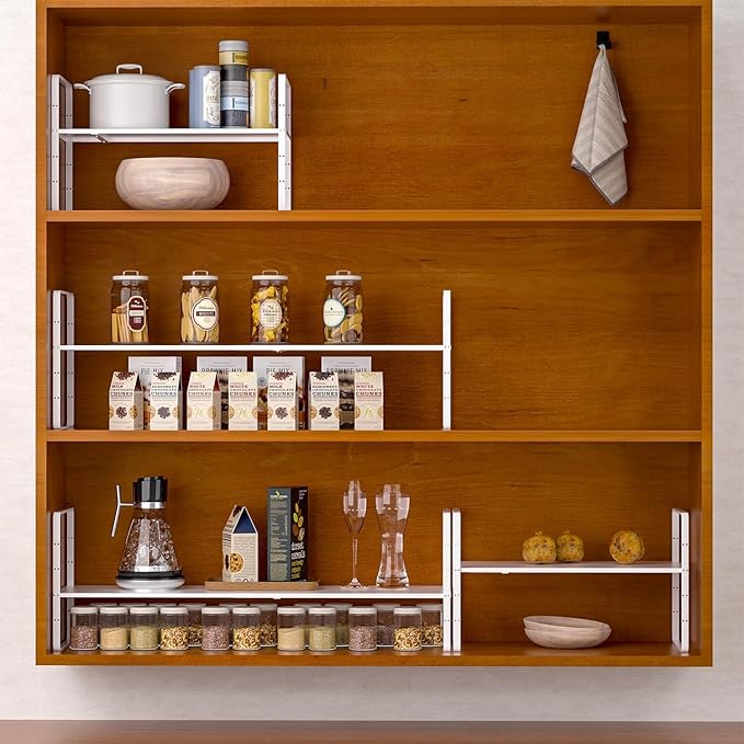 Redrubbit Expandable Cabinet Shelf Organizers, Stackable Kitchen Counter Shelves Spice Rack for Kitchen Bathroom Pantry Cupboard Desk Home Office, Metal Plate Heavy Duty Nonslip, White
