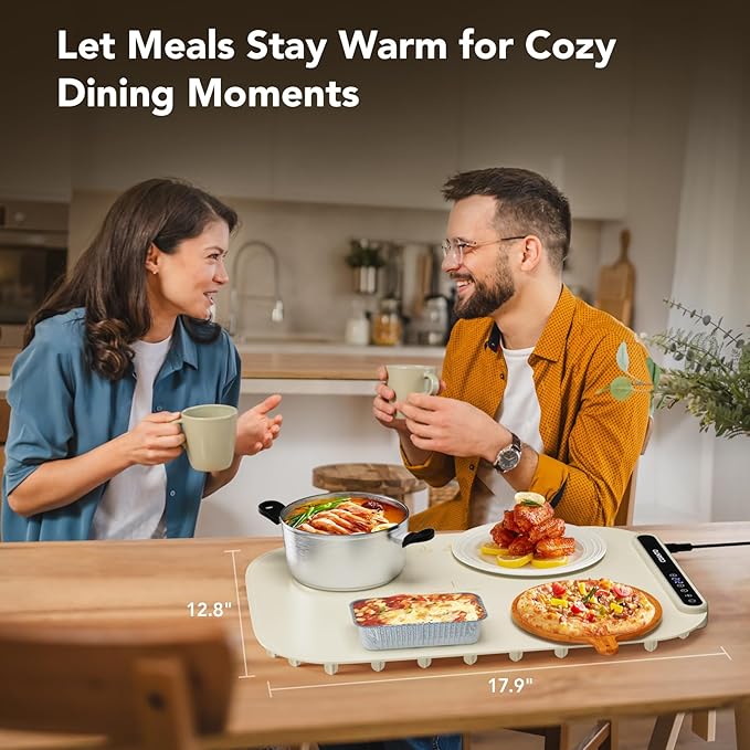 Coanto Food Warming Mat, Electric Warming Tray for Buffets & Parties, Silicone Heating Mat with 7 Temperature Settings, Roll-Up Storage, 17.91"x12.8", Beige