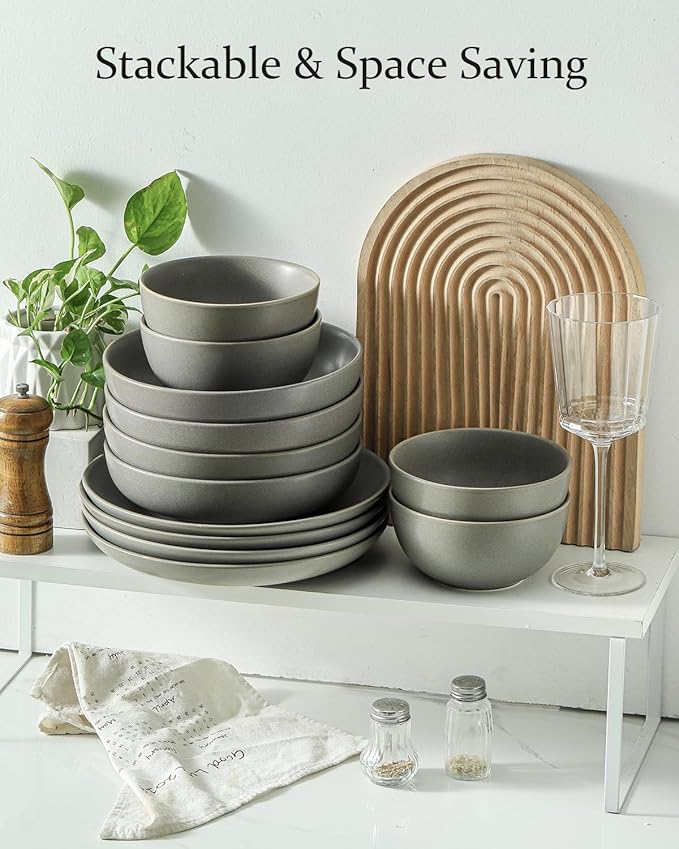 Dinnerware Sets for 4, 12 Pieces Stoneware Plates and Bowls Sets, Ceramic Dishes Set of 4, Scratch Resistant Dishware Sets, Dishwasher & Microwave Safe, Grey