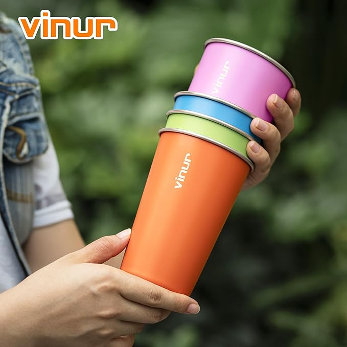 VINUR 4 Pack Stainless Steel Cups 16 oz Pint Tumbler Stackable Metal Drinking Glasses for Travel, Camping, Outdoors (Sky Blue-Orange-Hot Red-Apple Green)