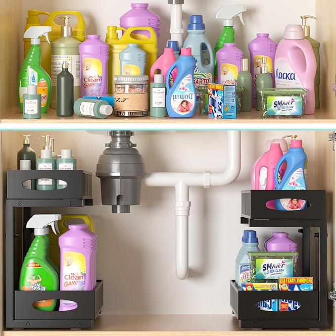 Under Sink Organizer, 2-Pack of 2-Tier Metal Slide Out Pull Out Cabinet Organizer Shelf, Height Adjustable Organization and Storage Series, Bathroom/Desktop/Cabinet/Kitchen Organization, Black