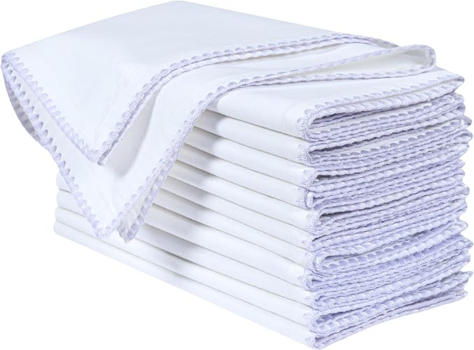 Bedding Craft Cotton Cloth Dinner Napkins Set of 12 – 18x18 Lavender Blue Napkins with Colored Edge Embroidery – Washable Fabric Napkins for Wedding Table Décor, Restaurants, Events & Everyday Dining