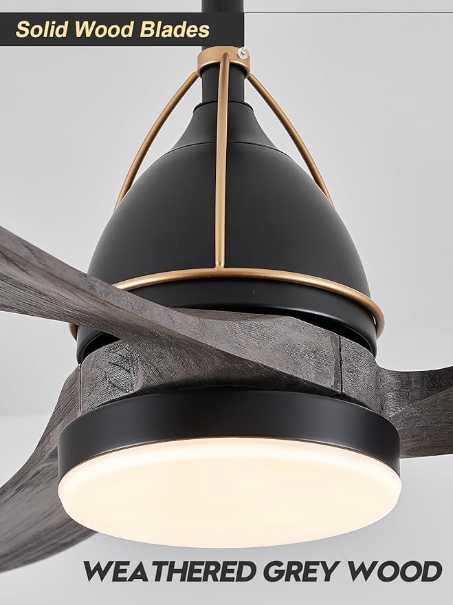 52in Solid Grey Wood Ceiling Fan with Lights 3-Blade Farmhoouse Black Ceiling Fans Outdoor Patio Ceiling Fan Modern Kitchen Fan Light with Remote Control for Bedroom Living Room