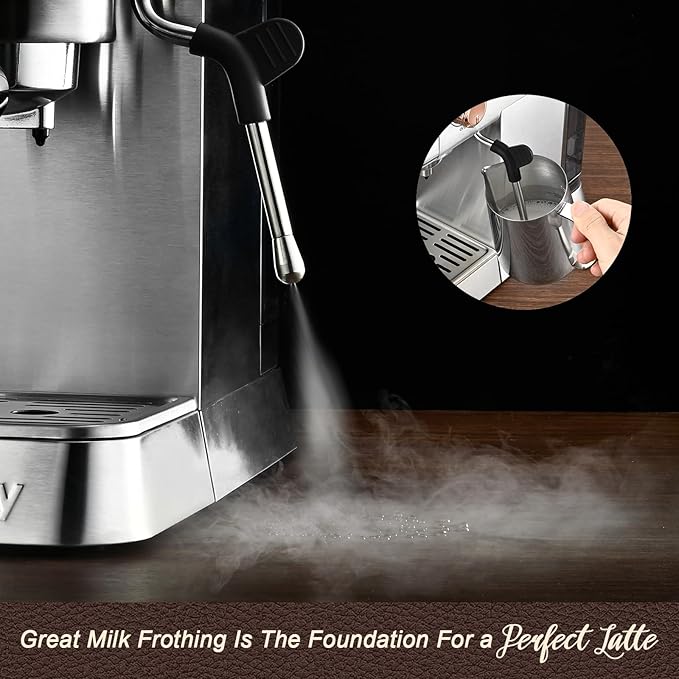 Mecity 20 Bar Espresso Machine with Milk Frother, Brushed Stainless Steel Shell, 37 fl.Oz Water Reservoir, Coffee Maker For Espresso, Latte, Mocha, Americano. 1400W