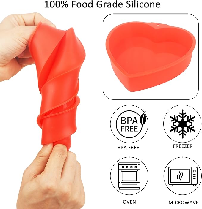 MILIVIXAY 2PCS Heart Shaped Cake Pans, 8 Inch Cake Mold, Red, Thin Style, Completely Non Stick, Food Grade Silicone, Easy To Store and Wash, Microwave, Freezer and Oven Safe.
