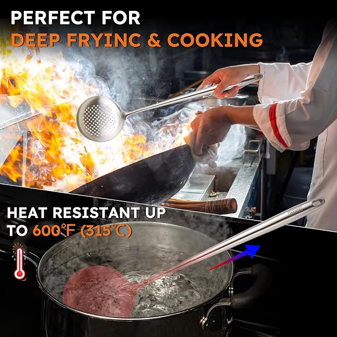 MARTE 17'' Skimmer Slotted Spoon - 304 Stainless Steel Skimmer Ladle Spider Strainer Spoon for Cooking and Frying - Long Pasta Strainer Tools Frying Spoon Kitchen Cooking Utensils Colander Spoon