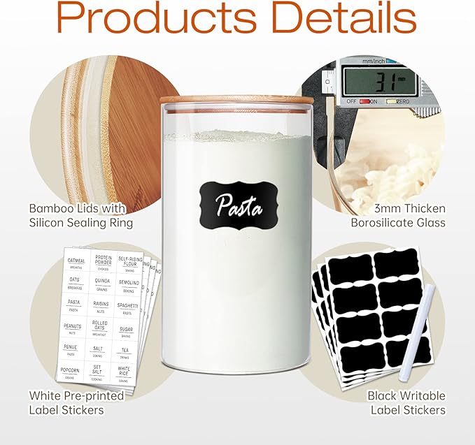 Glass Jars with Bamboo Lids 27 FL OZ [Set of 6], Glass Canisters with Airtight Lids, Glass Food Storage Containers for Coffee, Sugar,Tea, Candies, Cookies,Best for Kitchen & Pantry