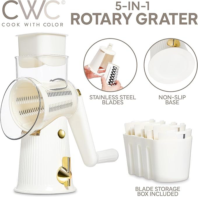 COOK WITH COLOR Rotary Cheese Grater with Handle - Counter Cheese Grater Suction Base with Hand Crank - 5 Blade Cheese Shredder - Easy to Use Manual Vegetable Chopper and Mandolin