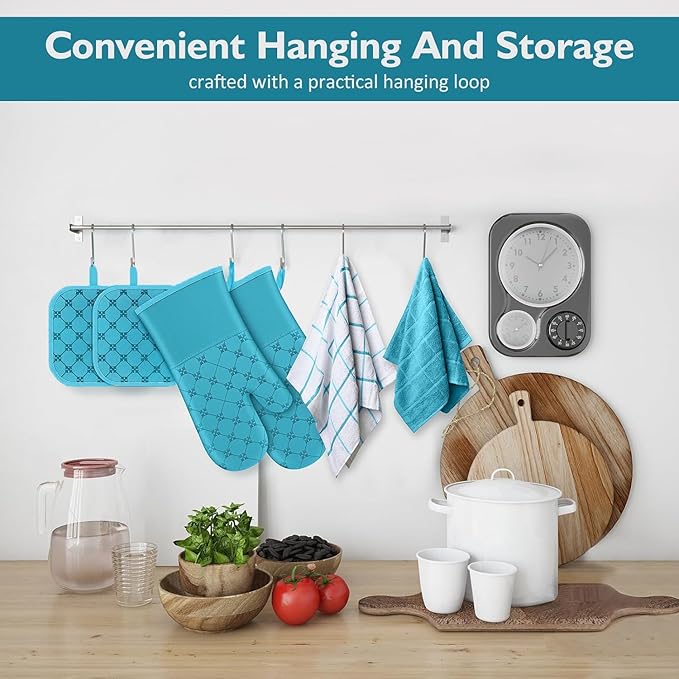 Oven Mitts Kitchen Towels Dishcloths with Pot Holders Sets 12PCS, Dish Towels Sets, Oven Gloves Pot Pads Heat Resistant 500 Degrees with Non-Slip Silicone Surface for Cooking Baking Grilling (Blue)