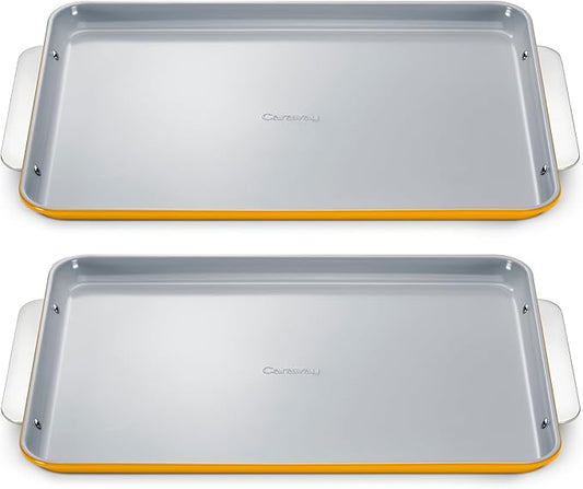 Caraway Non-Stick Ceramic Large Baking Sheet Duo - Naturally Slick Ceramic Coating - Non-Toxic, PTFE & PFOA Free - Perfect for Baking, Roasting, and More - Large (18" x 13") - Marigold