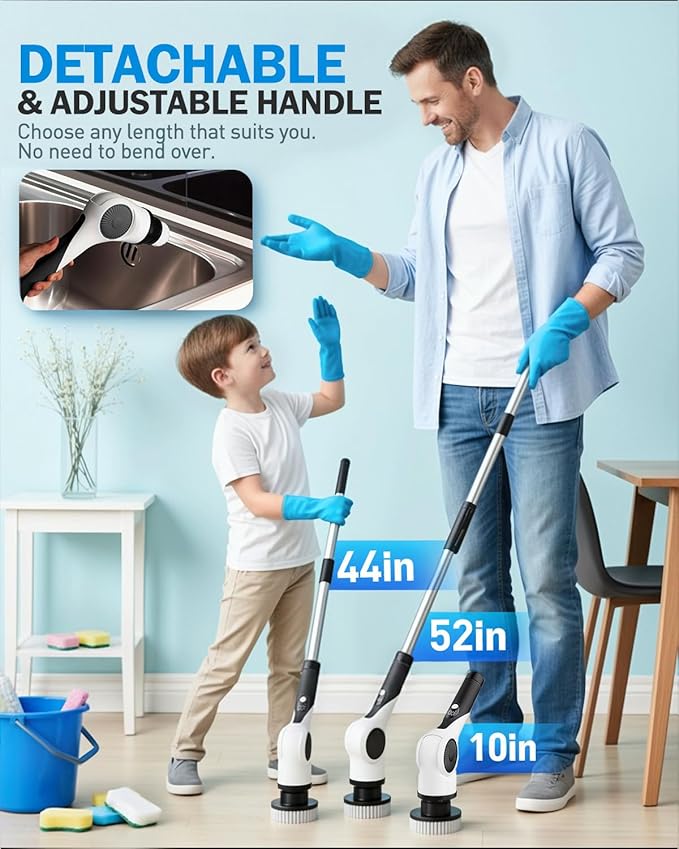 Electric Spin Scrubber with 10 Replaceable Brush Heads, IPX7 Waterproof Shower Scrubber with Long Handle, 3-Speed Adjustable Cleaning Supplies with Rotating Cleaning Brush