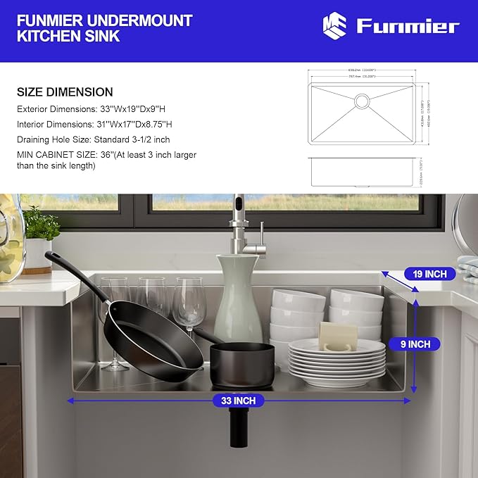 33 Inch Undermount Kitchen Sink - Funmier 33 x 19 Undermount Kitchen Sinks Stainless Steel 16 Gauge Single Bowl Under Mount Deep Basin Handmade with Offset Drainer
