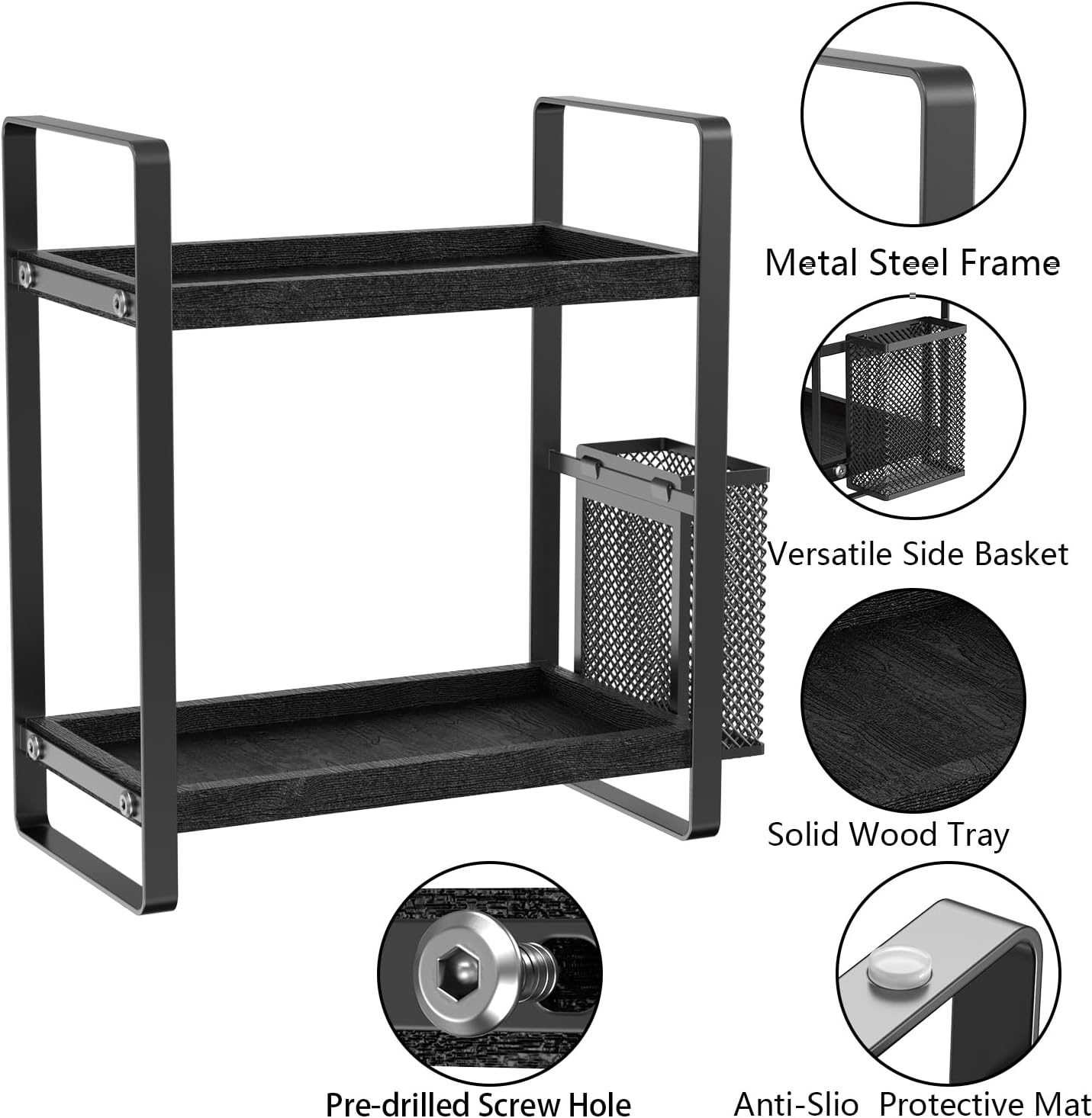 Bathroom Counter Organizer, Wood Vanity Trays with Basket, Skincare Countertop Organizers, Large Capacity Makeup and Perfume Organizer