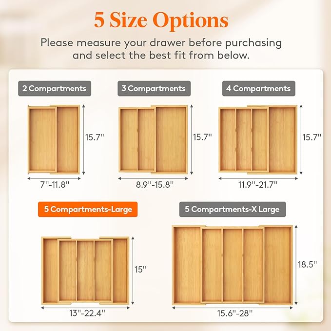 Lifewit Utensil Organizer for Kitchen Drawer, Expandable 13 to 22.4 Inches Wide, Adjustable Cooking Silverware Tray, Bamboo Cutlery Flatware Holder, Spatula Tools and Gadgets Storage Divider, Natural