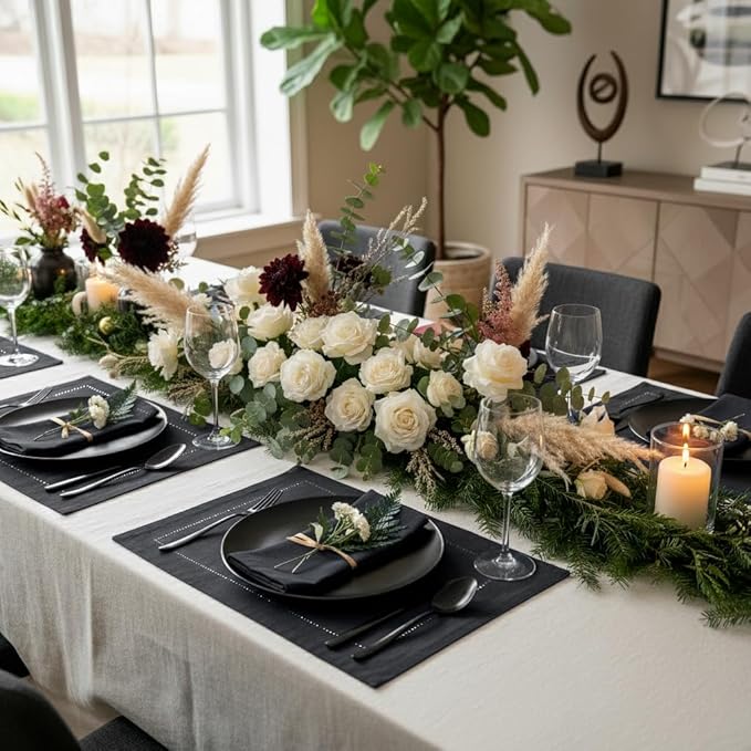 D'Moksha Homes Linen Placemats Set of 4 - Classic Hemstitch Black Placemats 14 x 19 Inch - 100% Pure Linen Table Mats for Fall, Thanksgiving, Holiday - Handcrafted and Machine Washable