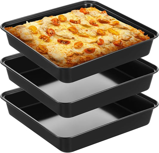 3 Pcs Detroit Style Pizza Pan 10 x 10 x 1.8 Inch Non Stick Rectangle Deep Pizza Pans Pre Seasoned Carbon Steel Sicilian Style Pan Dish Bakeware Kitchenware