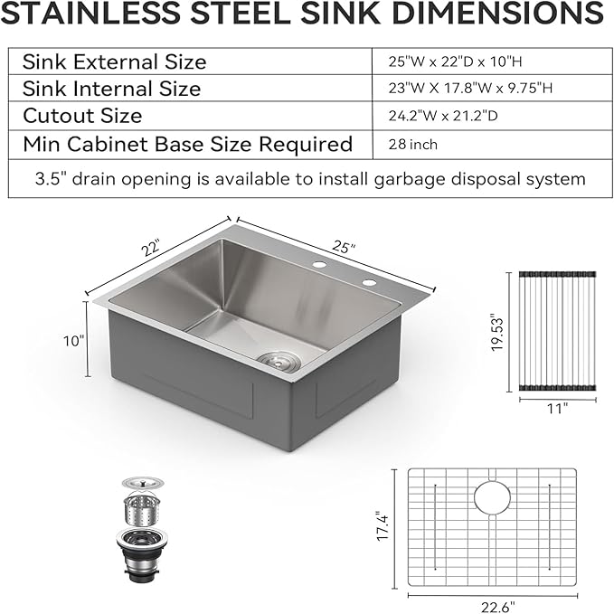 Lordear 25 Drop In Kitchen Sinks - 25 x 22 Single Bowl Stainless Steel 16 Gauge Topmount Over Counter Handmade Kitchen Laundry Room Utility Sink Basin