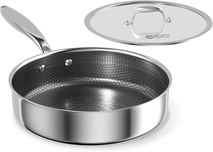 COOKER KING 3.6 Quart Stainless Steel Saute Pan with Lid, 11 Inch Hybrid Nonstick Deep Saute Pan, Tri-Ply Clad Even Heat Distribution, Dishwasher-Friendly,Oven Safe to 500°F, Induction Compatible
