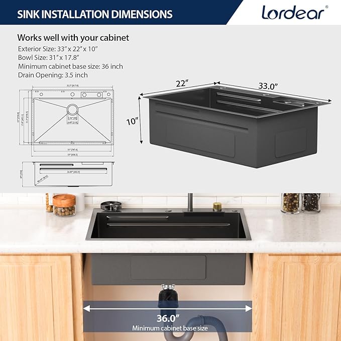 Lordear Black Waterfall Kitchen Sink Drop In 33x22 Smart Workstation Gunmetal Black 16 Gauge Single Bowl Topmount Handmade Sinks with Pull Out Faucet Glass Rinser