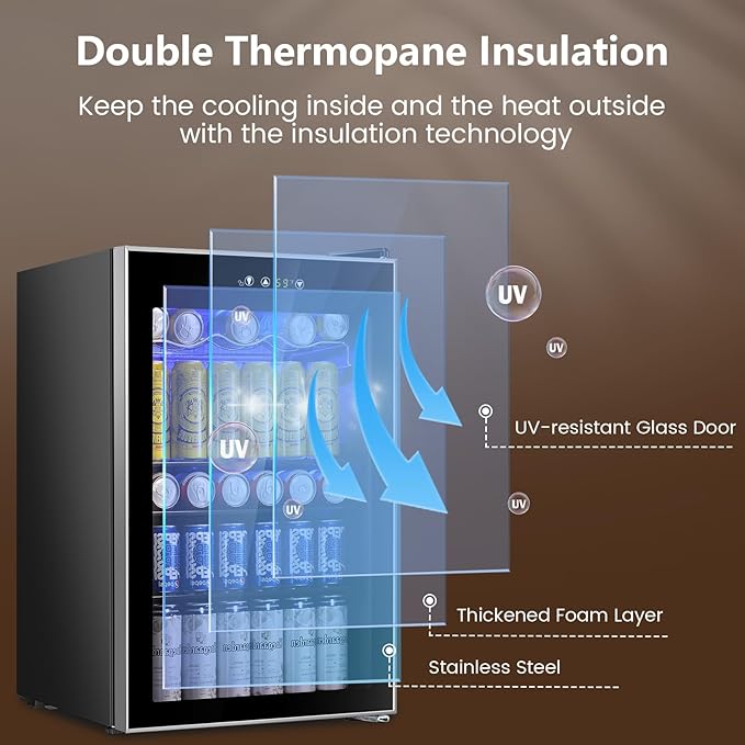 4.4 Cu.ft Beverage Refrigerator Cooler, 145 Can Mini Fridge Glass Door with Adjustable Shelves, Digital Temperature Display, Freestanding Small Drink Fridge for Home, Office or Bar(Black)