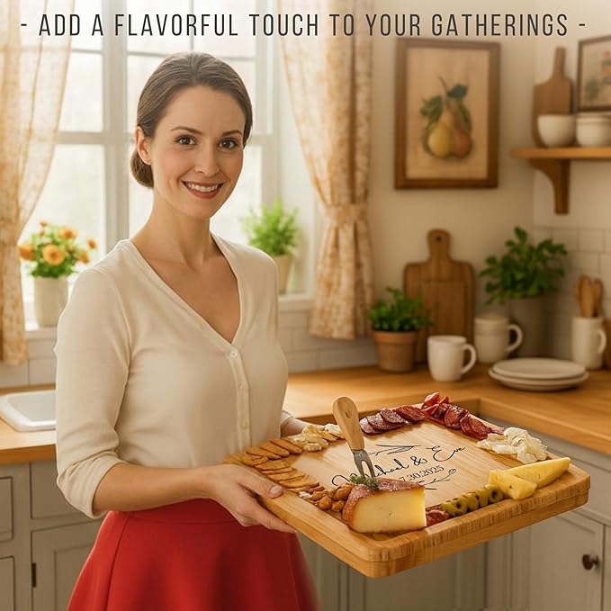 Personalized Bamboo Charcuterie Board Set with Accessories – Large Serving Tray with Knives & Smooth Surface for Cutting or Serving, Present for Wedding, Christmas, Anniversary, Housewarming Gift