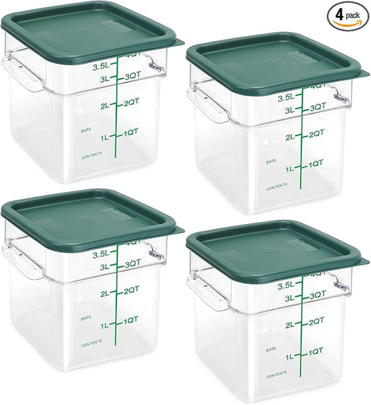 4 Pack Food Storage Containers with Green Lids, 4.0 Qt - Square, Clear, Polycarbonate