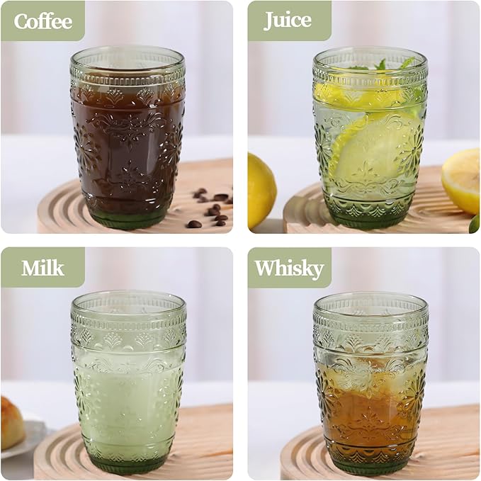 14OZ Drinking Glasses Set of 4, Green Drinking Glasses, Colored Glassware Drinking, Highball Beverage Glasses Cup, Vintage Glassware Set for Water, Juice, Cocktail, Coffee