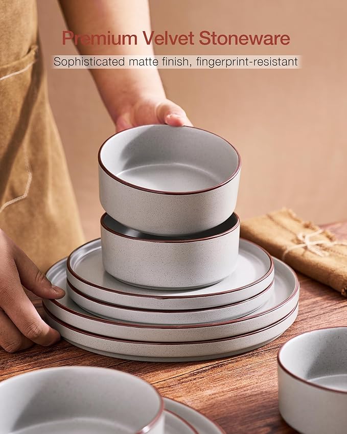 Famiware Nebula Ridge Stoneware Dinnerware Sets for 8, 24 Pieces Plates and Bowls Sets, Dishes Set, Microwave and Dishwasher Safe Kitchen Plates, Light Gray