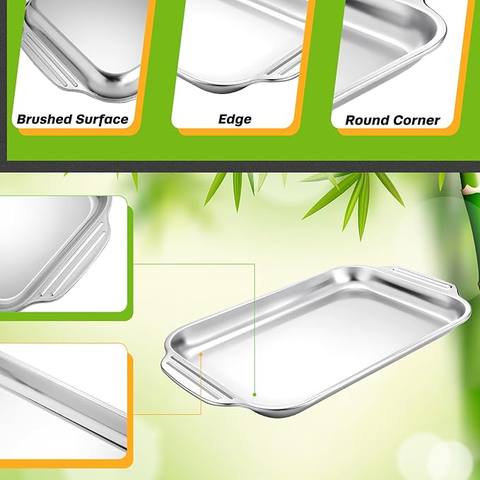 2 Pcs Stainless Steel Baking Sheet Nonstick Cookie Pan Rectangle Bakeware Cookie Sheets Oven Pan for Fish Cakes Breads Casseroles Vegetables (Handle, 16" x 9" x 1.2")