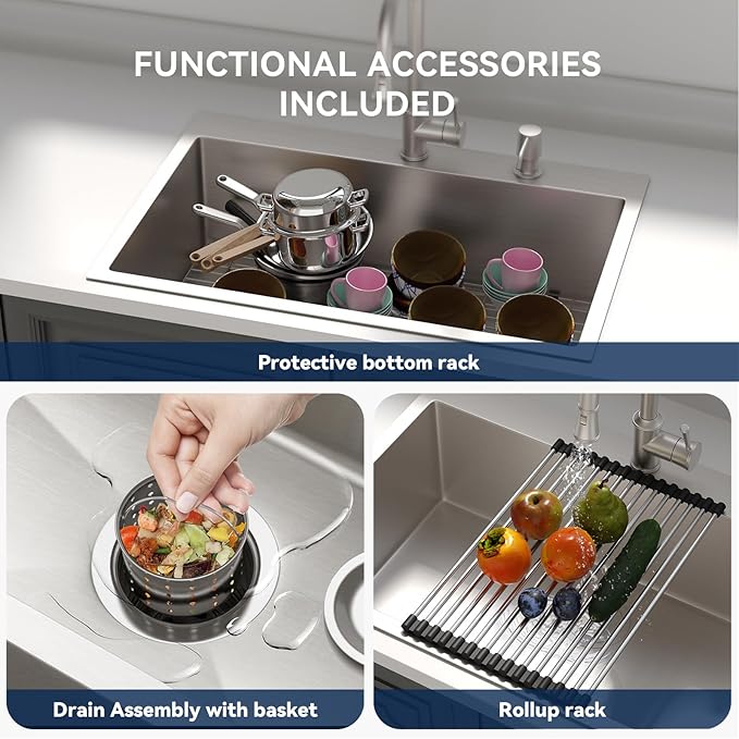 Lordear 28 Drop In Kitchen Sink 28 x 22 Kitchen Sink Single Bowl Drop In Stainless Steel 16-Gauge R10 Tight Radius Topmount Kitchen Sink