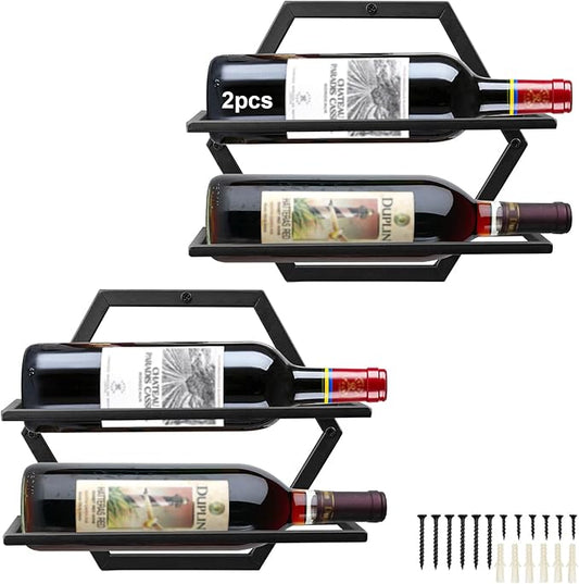 2Pcs Wall Mounted Wine Bottle Rack, Metal Hanging Wine Display Holder Organizer, Red Wine Racks for Home Kitchen Bar Decor Storage(Black) (B2)