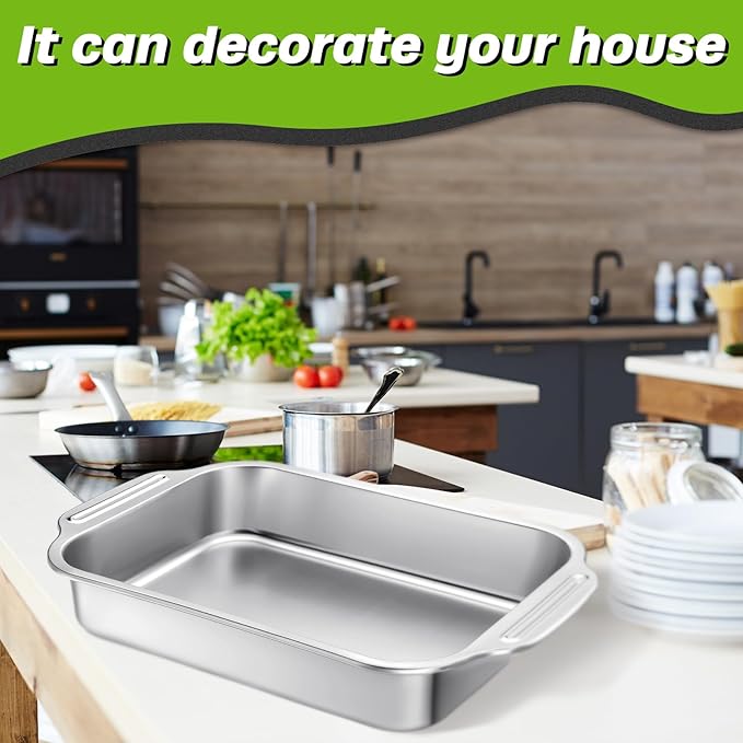 2 Pcs Stainless Steel Cake Pan 15 x 10 Inch Baking Pan with Handle Rectangle Baking Bakeware for Fish Cakes Breads Casseroles Vegetables Dishwasher Safe