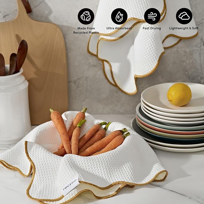 RECYCO Waffle Kitchen Towel Set of 2 - Quick Dry Microfiber Sustainable Dish Towels - Ultra Absorbent Reusable Cleaning Tea Towels - Lightweight Hand Towels,16”x 28”, Gold Yellow