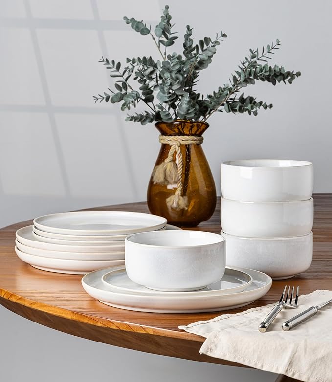 TheTerra Ceramic Dinnerware Sets for 4, 12 Pieces Handmade Reactive Glaze Plates and Bowls Set, Scratch Resistant Dish Set, Oven & Microwave & Dishwasher Safe, Star White