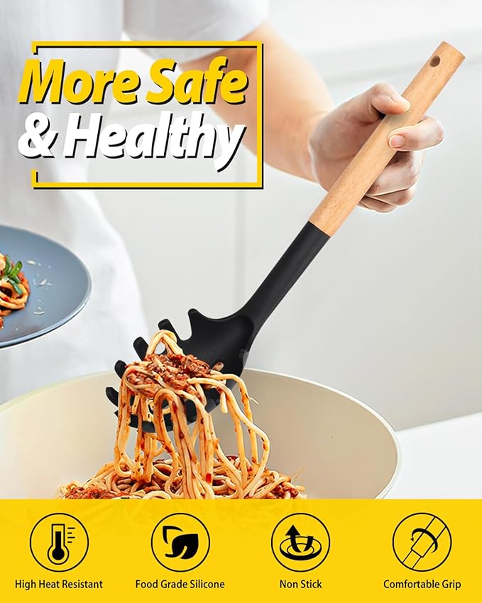 Silicone Pasta Fork and Ladle Spoon Set with Wooden Handle, Heat Resistant Non Stick Kitchen Utensils for Cooking, Stirring, Serving Spaghetti, Soup, Sauce(BLACK)