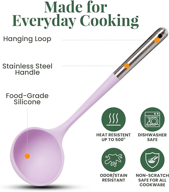 Larder & Vine 12-Piece Silicone Kitchen Cooking Utensils Set with Stainless Steel Handle and Ceramic Holder, Dishwasher Safe Set of Kitchen Essentials (Lavender)