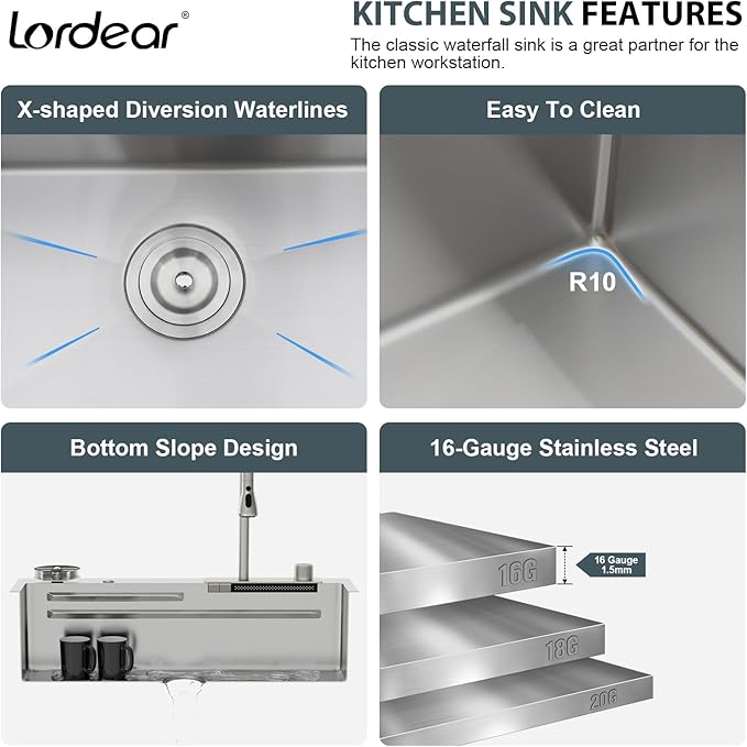 Lordear Waterfall Kitchen Sink 33x19 Inch Drop In Kitchen Sink T304 16 Gauge Stainless Steel Single Bowl Ledge Worktation Kitchen Sinks Handmade Deep Basin, 33"x19"x9"