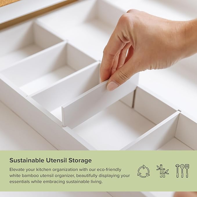 KitchenEdge Adjustable Kitchen Drawer Organizer for Utensils and Junk, Food-Safe Contract Grade with 100% Sustainable Wood, Expandable from 19 to 33 Inches Wide - White Bamboo