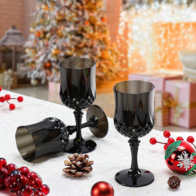 XUWAIDSGN 7oz Plastic Vintage Wine Glasses Drinking Glasses Unbreakable Wedding Glassware Crystal Water Goblets Reusable Drinkware Vintage Champagne Flutes (24, Black)