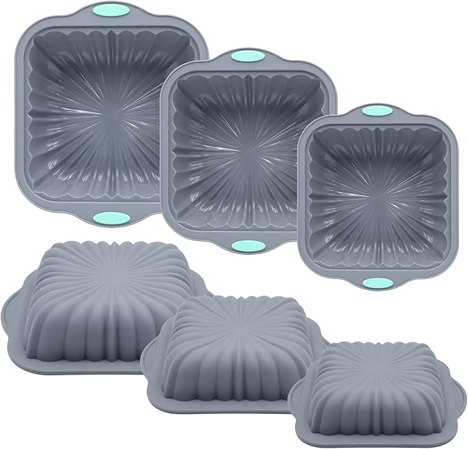 3-Piece Silicone Square Cake Pan Set, Metal-Frame Non-Stick Baking Trays, Jelly Molds, Non-Stick Grooved Cake Molds, Suitable for Breads, Meat Patties, Cakes, 5/7/9 Cups, Light Gray