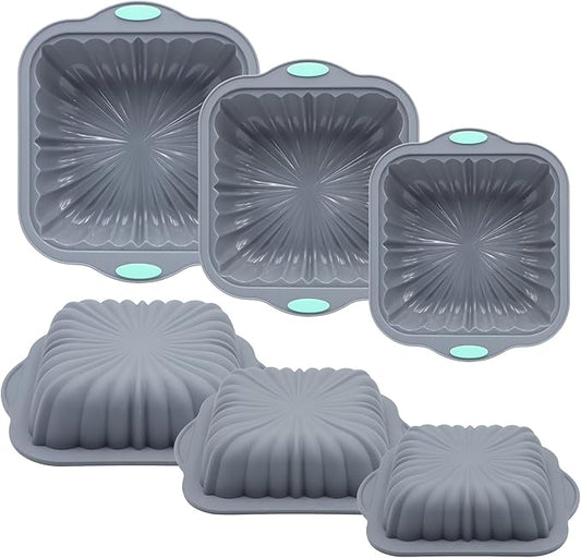 3-Piece Silicone Square Cake Pan Set, Metal-Frame Non-Stick Baking Trays, Jelly Molds, Non-Stick Grooved Cake Molds, Suitable for Breads, Meat Patties, Cakes, 5/7/9 Cups, Light Gray