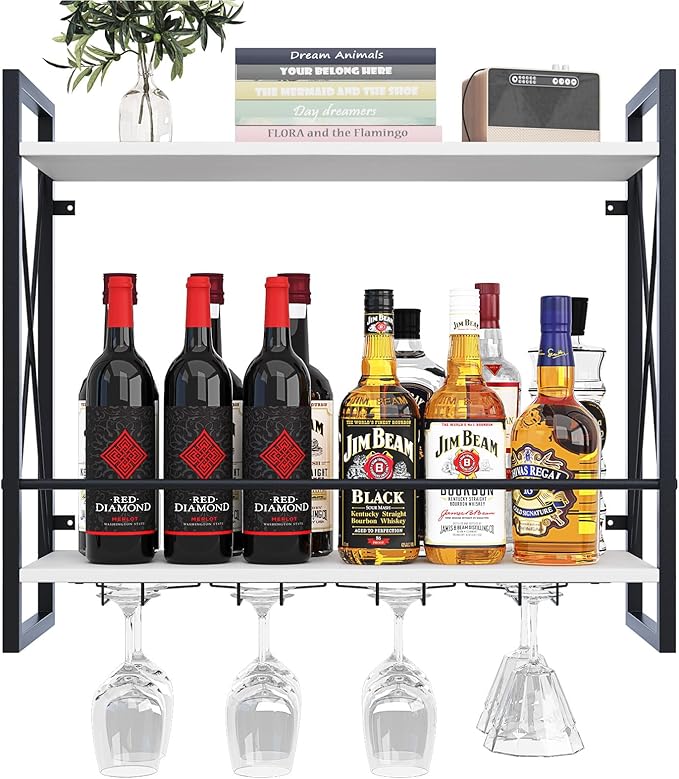 Dokser Wine Rack Wall Mounted 2 Tier Shelf, Wall Wine Rack with Rustic Wood & Industrial Iron Frame, Wine Bottle Holder for Kitchen, Dining Room, Home Bar Decor (White)