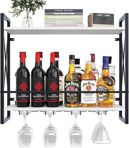 Dokser Wine Rack Wall Mounted 2 Tier Shelf, Wall Wine Rack with Rustic Wood & Industrial Iron Frame, Wine Bottle Holder for Kitchen, Dining Room, Home Bar Decor (White)