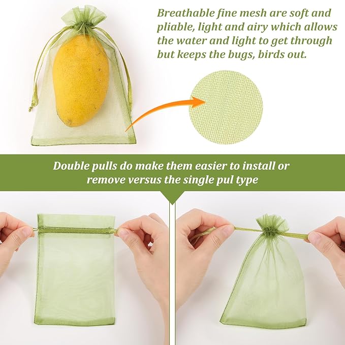 100Pcs Fruit Protection Bags, 4×6inch Fruit Netting Bags for Fruit Trees, Green Fruit Netting Cover Drawstring Mesh Bags Pest Barrier for Strawberry Blueberry Small Fruit