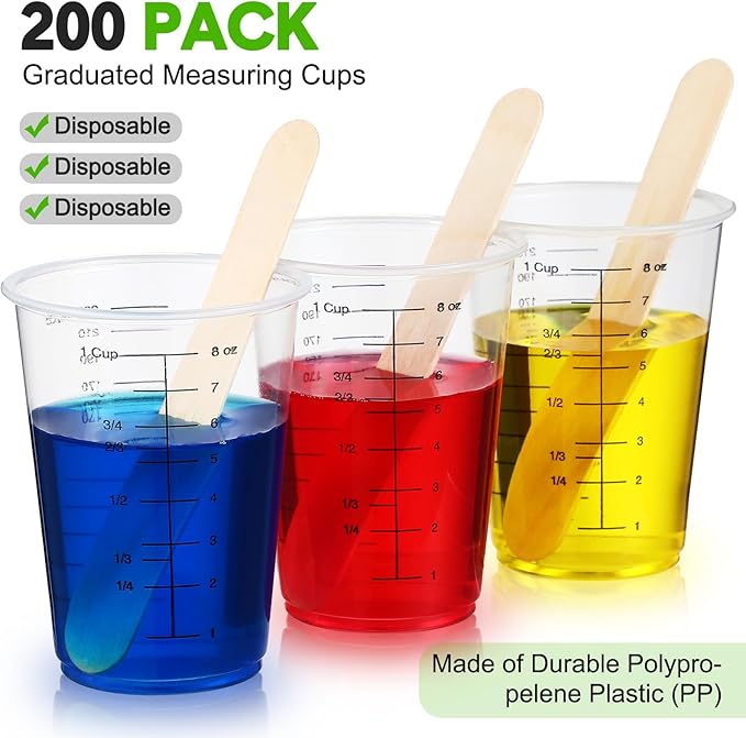 Yunsailing 200 Pack Disposable Measuring Cups for Resin 8 oz Clear Plastic Epoxy Reusable Liquid Mixing Cups for Cooking and Baking Supplies