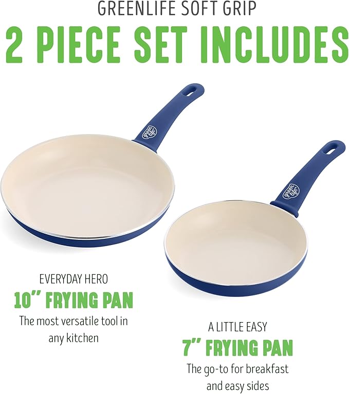 GreenLife Non Stick Fry Pan Set (7" & 10"), Non-Toxic PFAS-Free Ceramic Skillets, Dishwasher & Oven Safe, Egg Omelet Frying Pans, Stay- Cool Handles, Kitchen Home Cooking Essentials, Blue