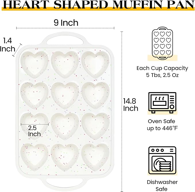 1 Pc Heart Shaped Muffin Pan with Metal Reinforced Frame 12 Cup Nonstick Silicone Heart Cake Mold for Baking 2.5 Inch Cupcake Tray (Cream)
