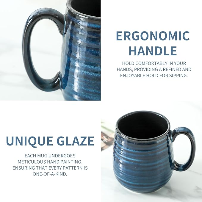 20 oz Stoneware Coffee Mugs, Large Ceramic Coffee Cups Set of 2 for Tea Soup Cereal Cocoa, Pottery Mugs for Office and Home, Unique Latte Cups for Men/Women Gift, Blue