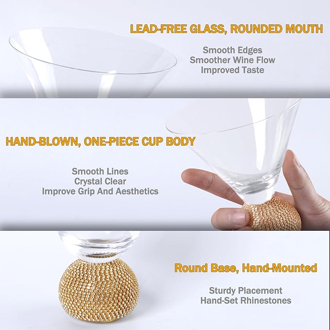 Martini Glasses Set of 4,Stemless Margarita Glasses,Unbreakable Crystal Fancy Cocktail Glasses,10 Oz Bar Glass,for Party,Birthday,Manhattan, Cosmopolitan, Home Bargifts Women (Gold Clear)